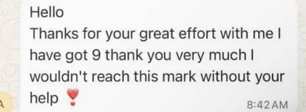 Student message confirming a Grade 9 physics result