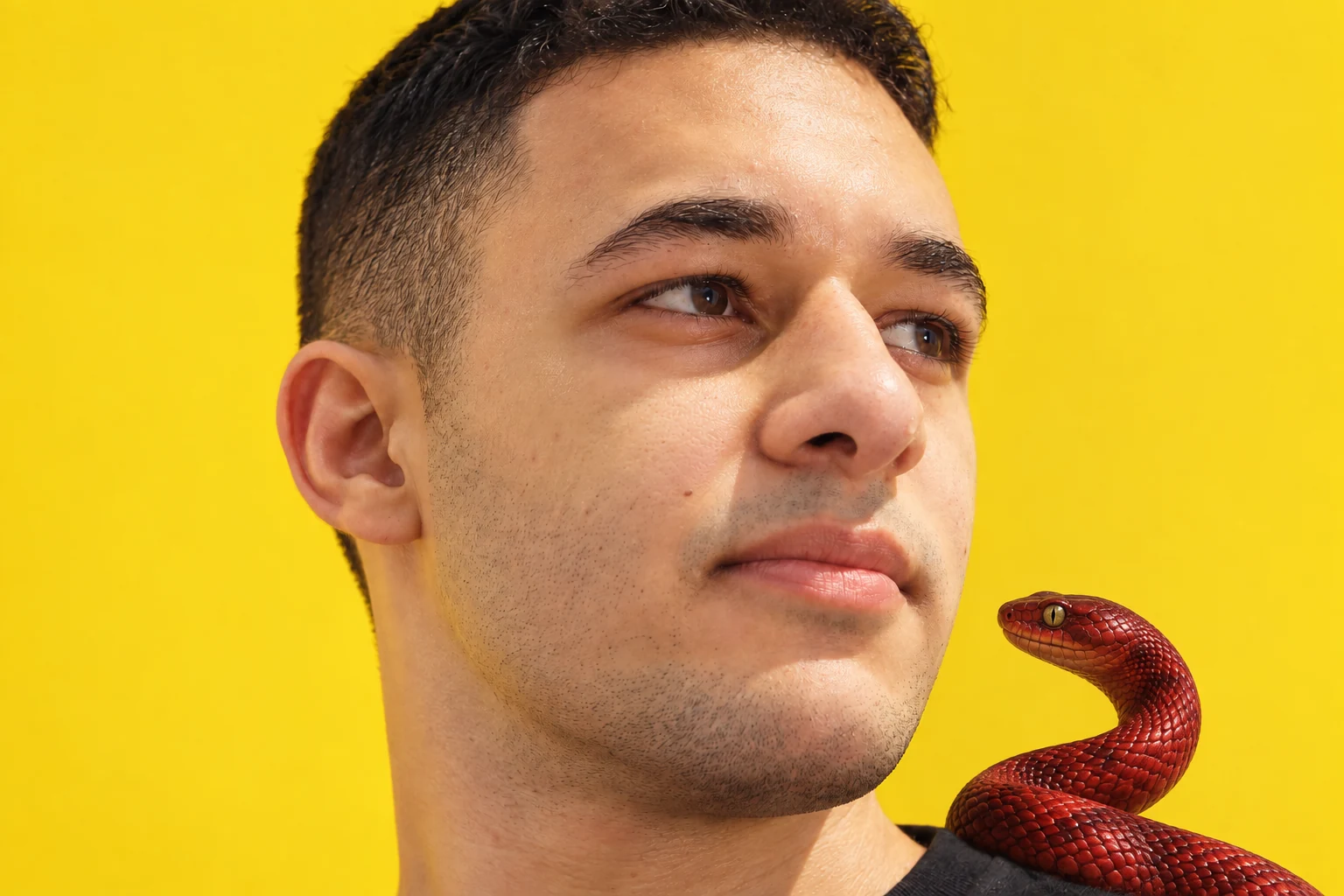 Shawky Elsayed looking upward against a vivid yellow background, with a crimson snake beside his shoulder.