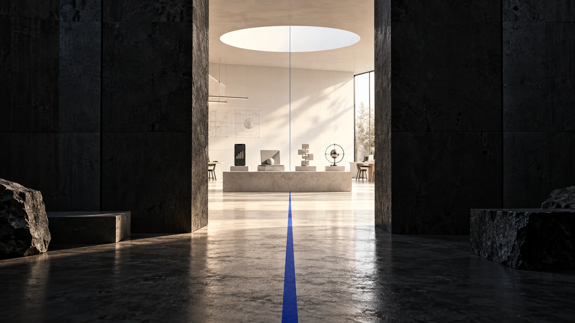 A dark architectural threshold opening into a bright product gallery