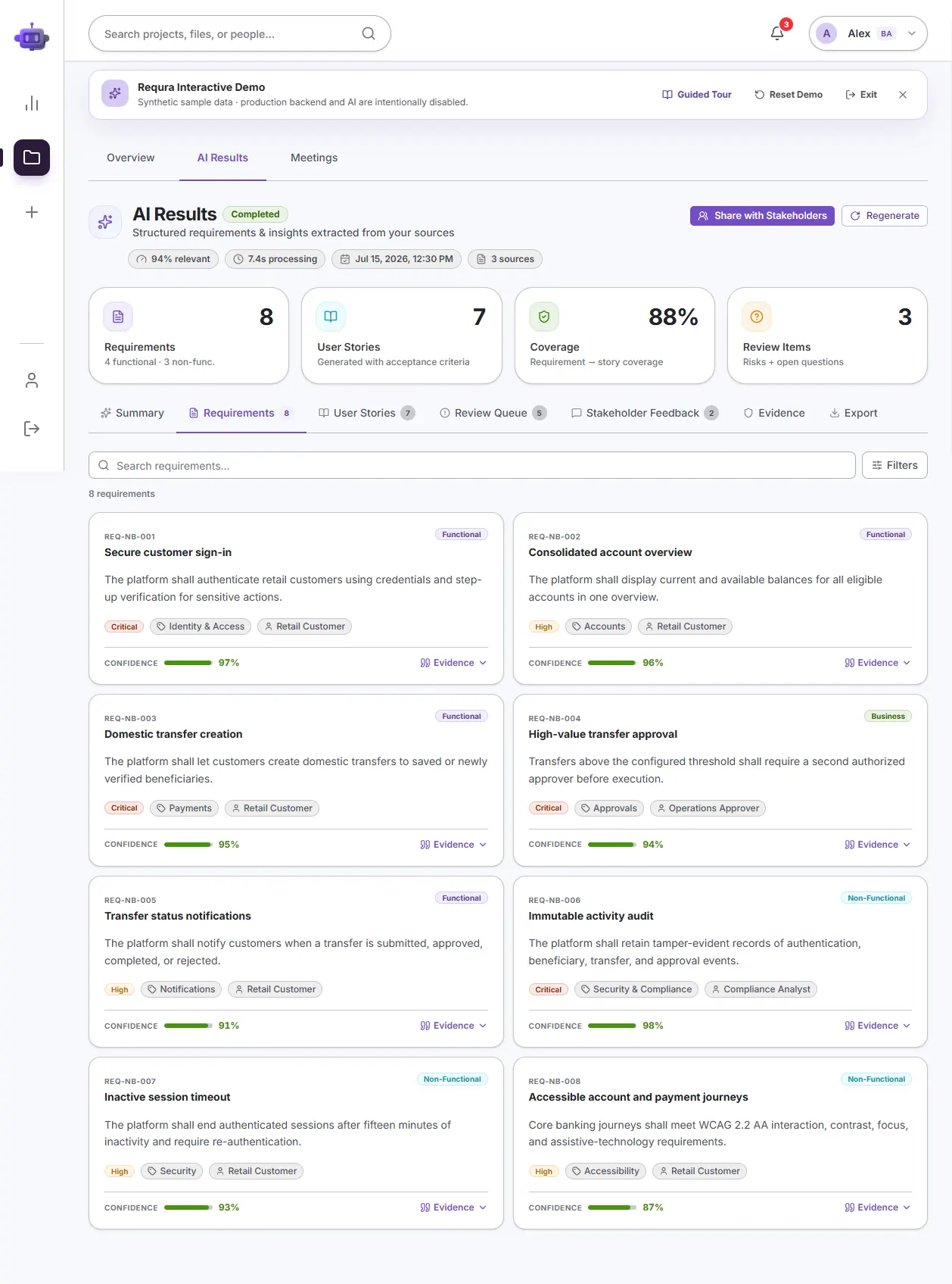Requra.AI requirements review workspace with structured requirements, stories and quality findings