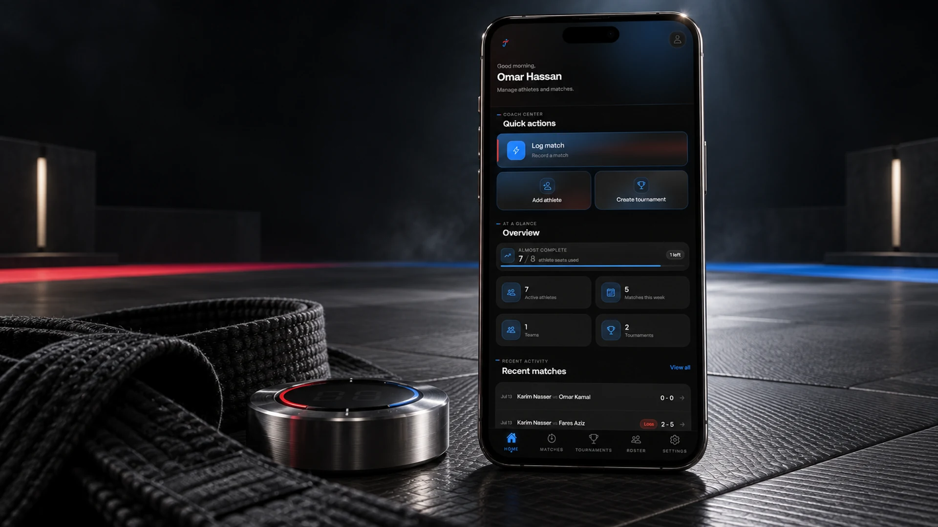 JAHIZ Analytics mobile coaching dashboard staged in a cinematic karate arena